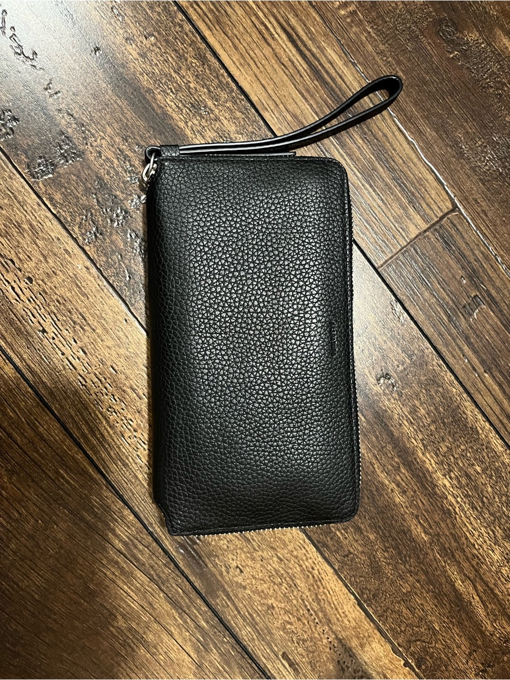 Black Pebbled Leather Zip Wristlet Wallet